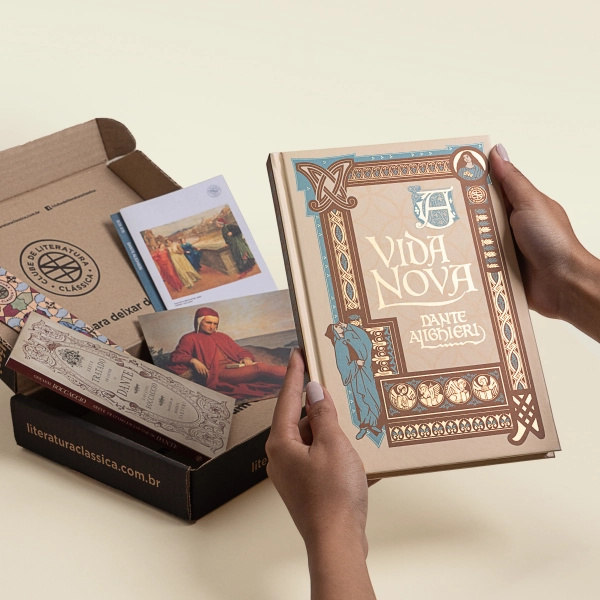 Box A Vida Nova, de Dante Alighieri, com a edição e os brindes do mês