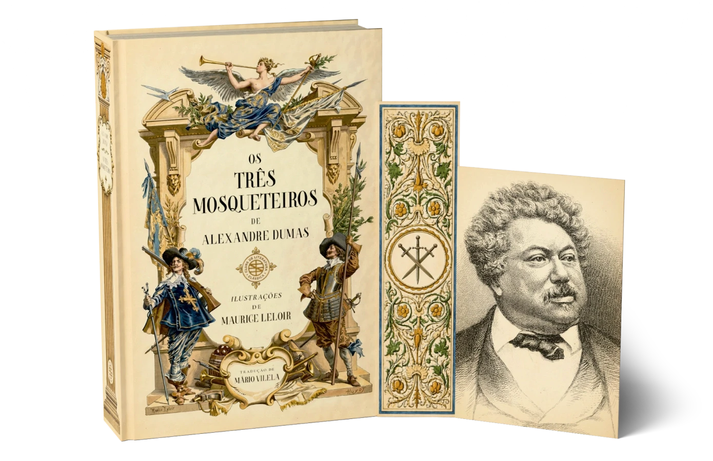 Edição de Os Três Mosqueteiros ao lado do marca-página temático e do retrato colecionável de Alexandre Dumas